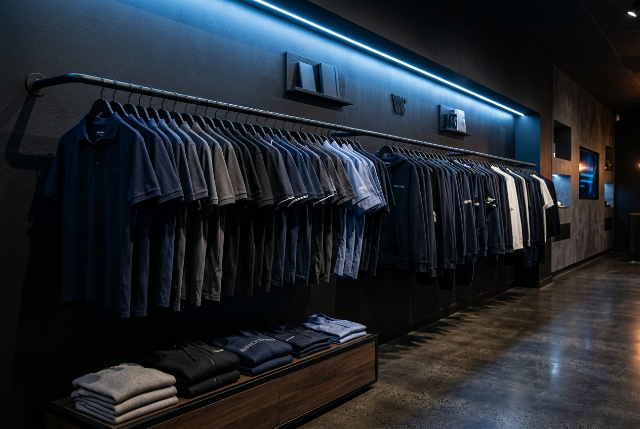 Workwear racks with polos, staff uniforms and hoodies