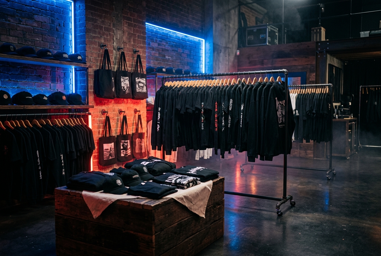 Event merchandise area with tees, caps and tote bags