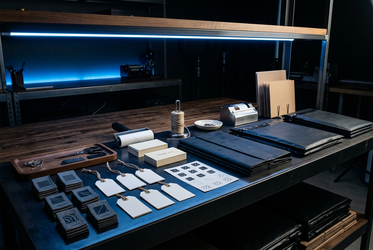 Branding workbench with labels, tags and packaging
